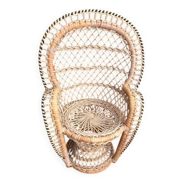 Chaise Paon Miniature Rotin Tressé — Porte-Plante Bohème Vintage — Année 70