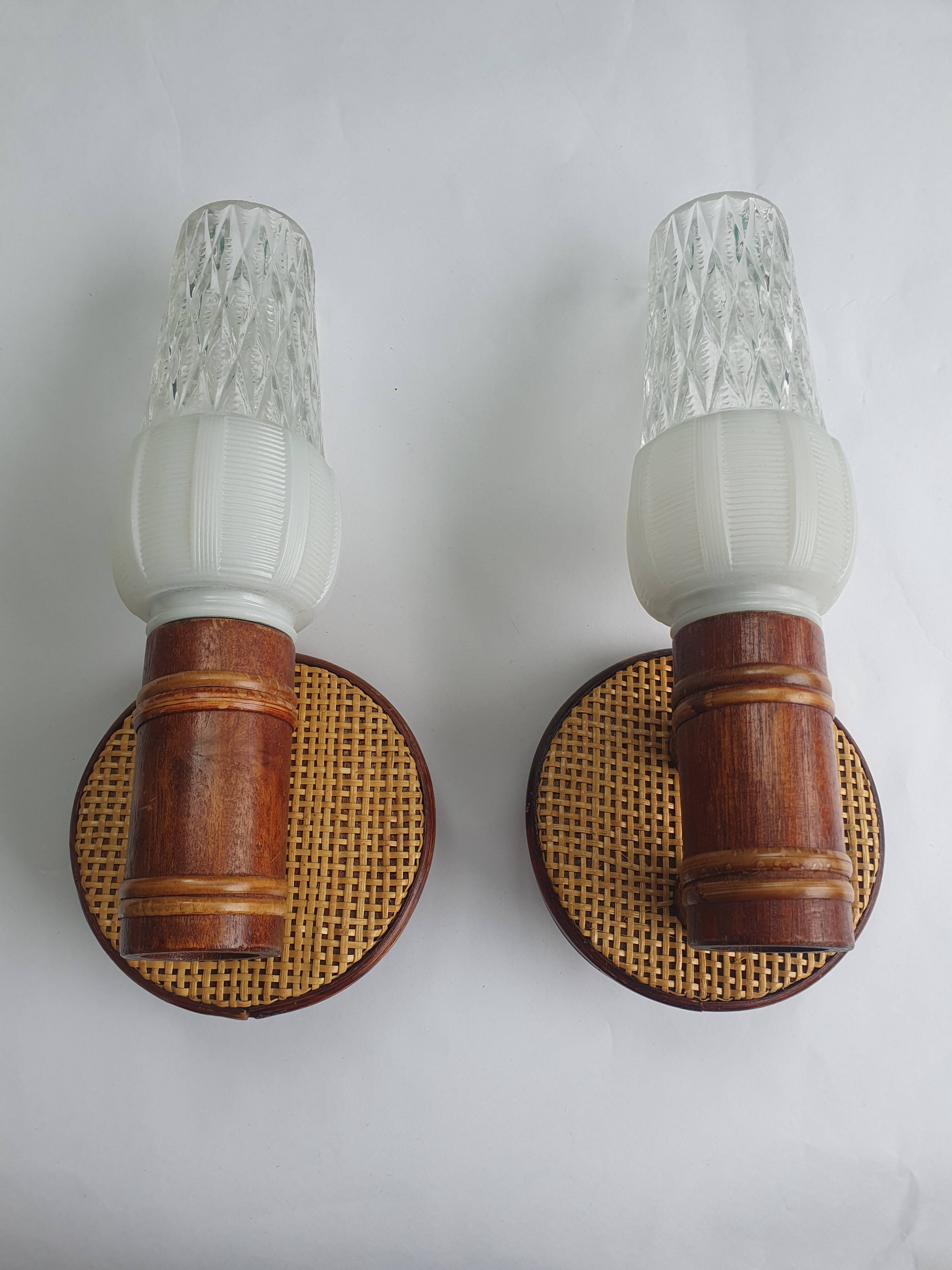 Pair of vintage rattan bamboo wall sconces