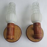 Pair of vintage rattan bamboo wall sconces
