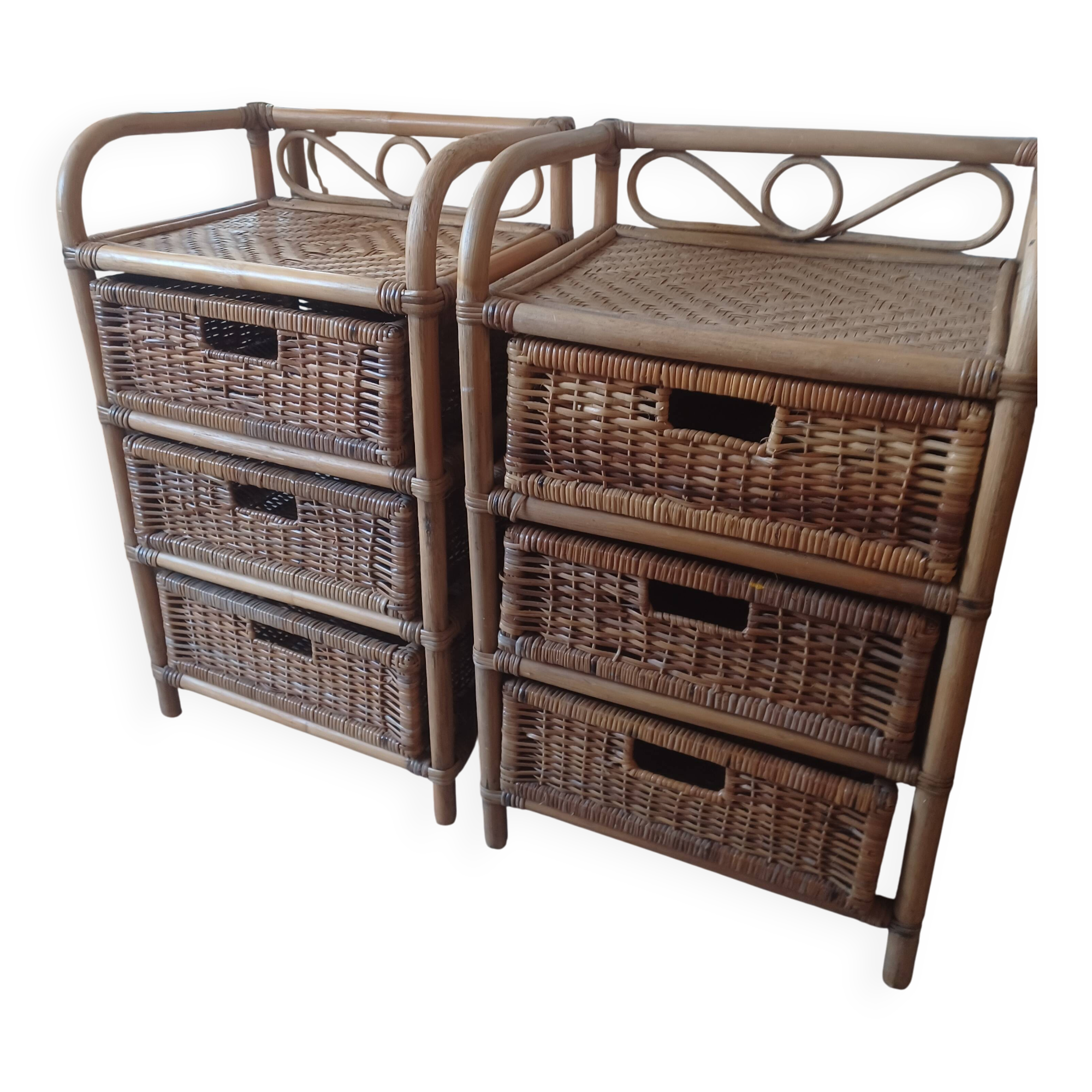 Lot de 2 commodes 3 tiroirs en rotin vintage