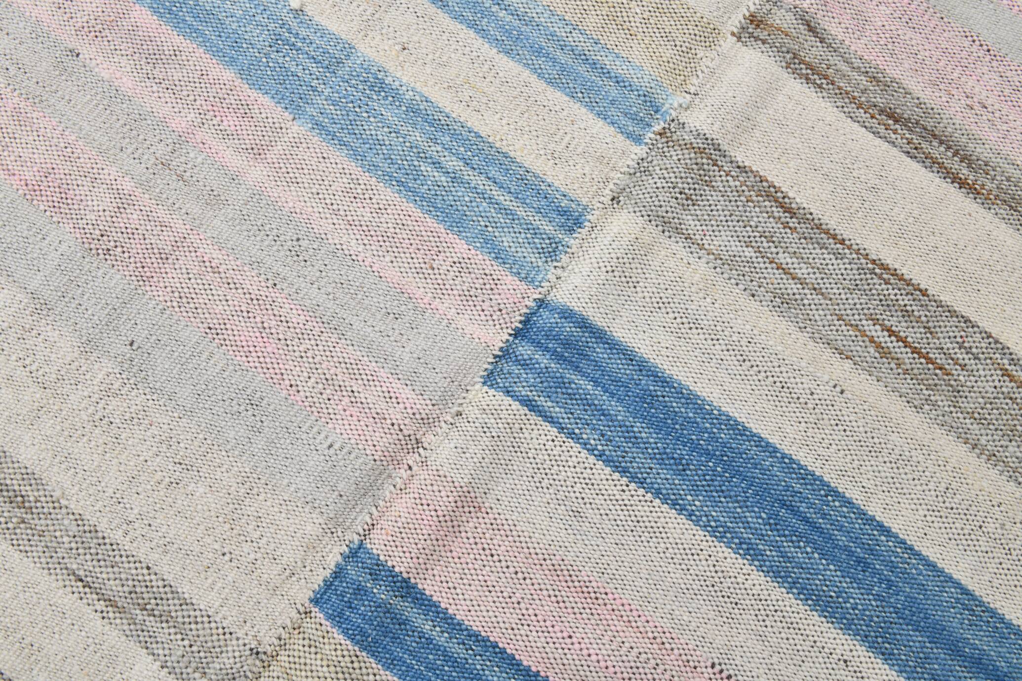 8x12 Light Blue & Off White Large Kilim Rug, 260x361Cm