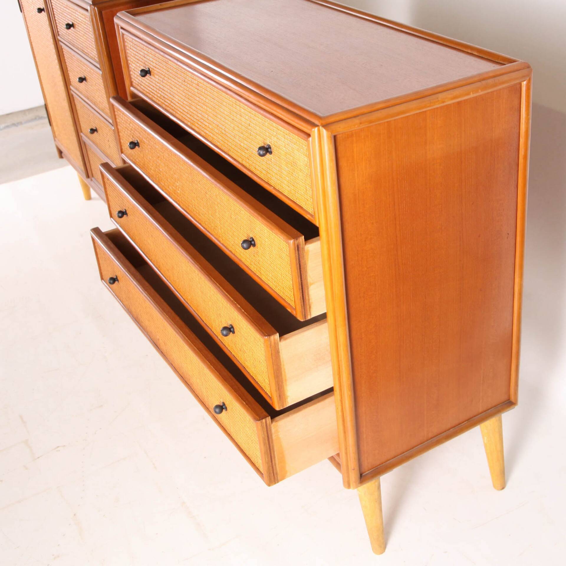 Pair of rattan and wood bedside tables