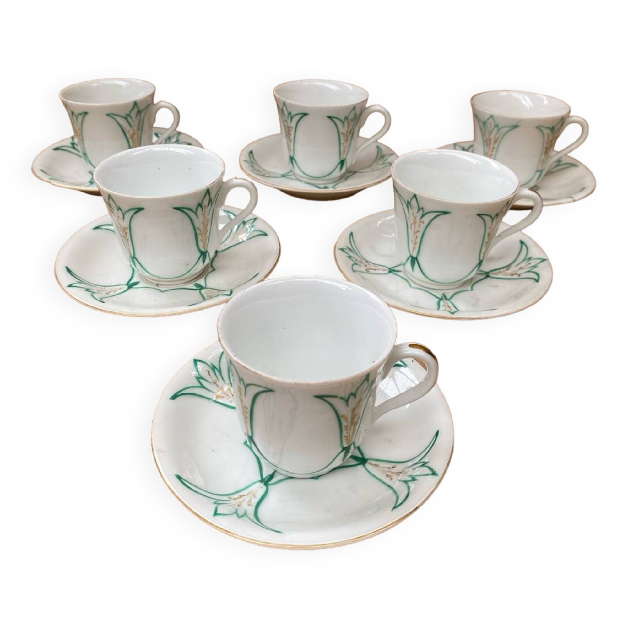 Set of 6 antique white ceramic mugs vintage green leaf decor