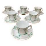 Set of 6 antique white ceramic mugs vintage green leaf decor