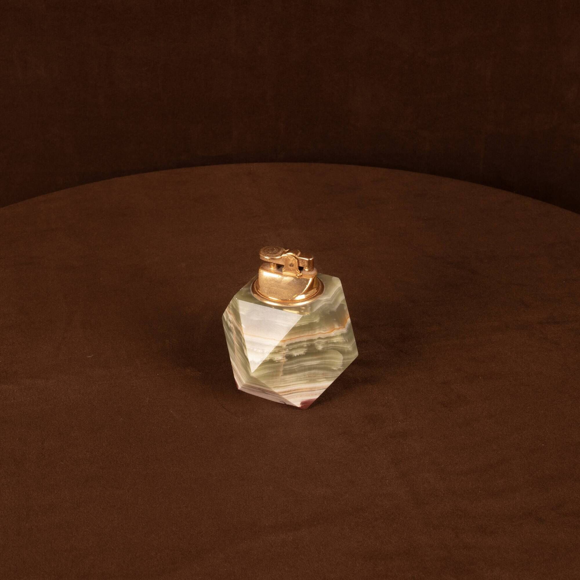 Italian Geometric Green Onyx and Brass Table Lighter, 1970