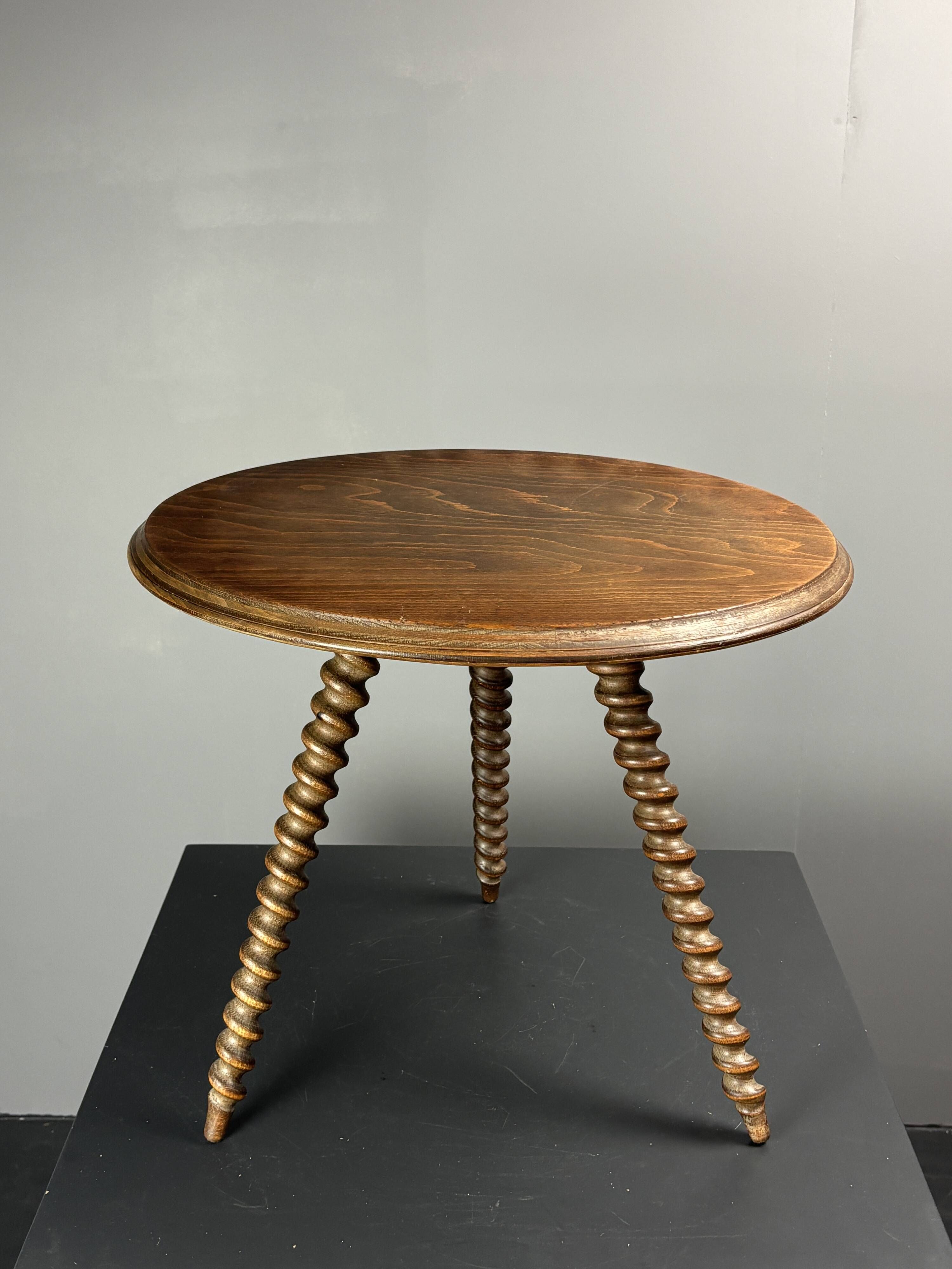 Midcentury wood turned barley twist side table with cork screw legs 1950s