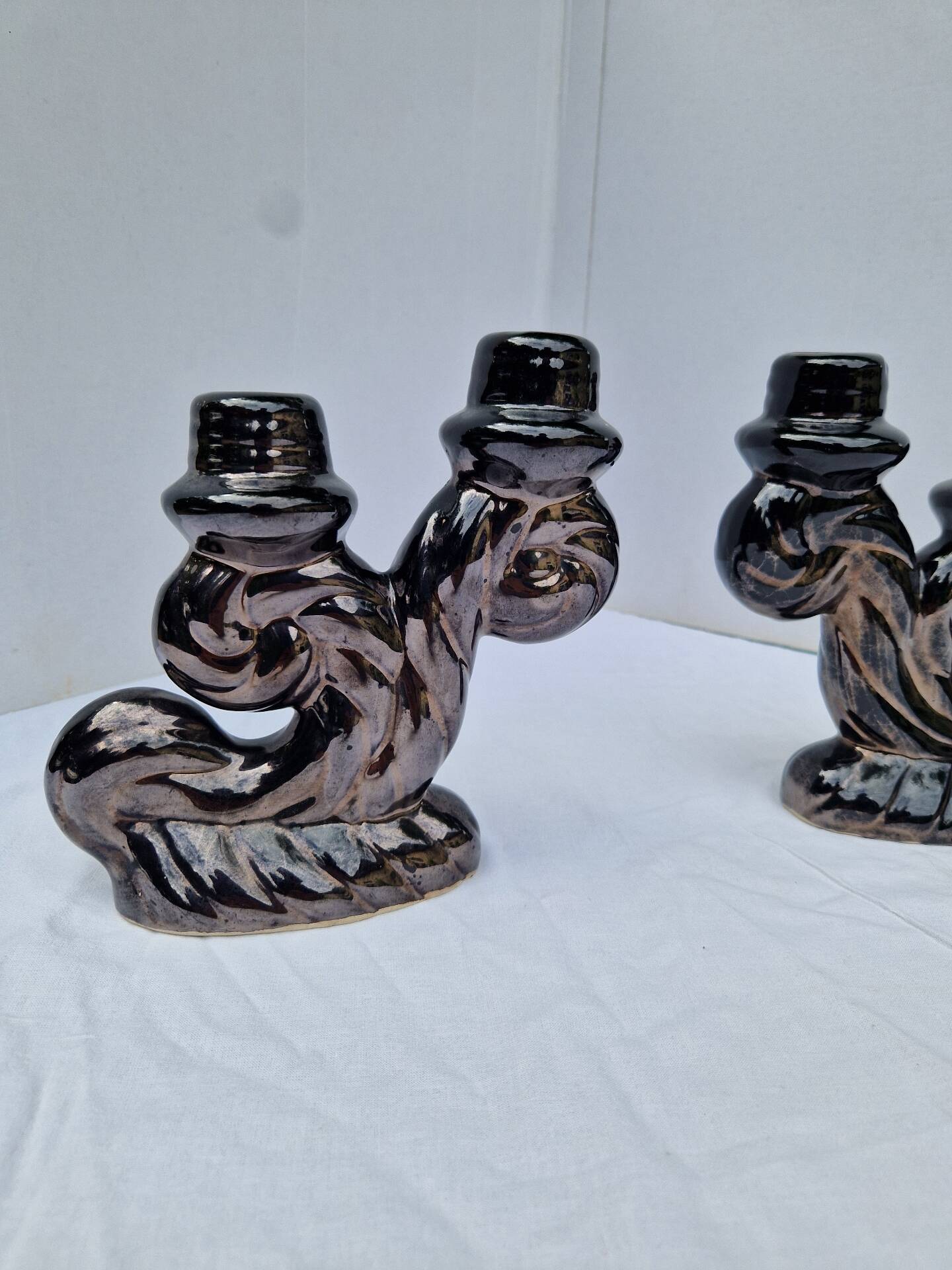 Set of 2 vintage two-light candle holders in Vallauris ceramic design.