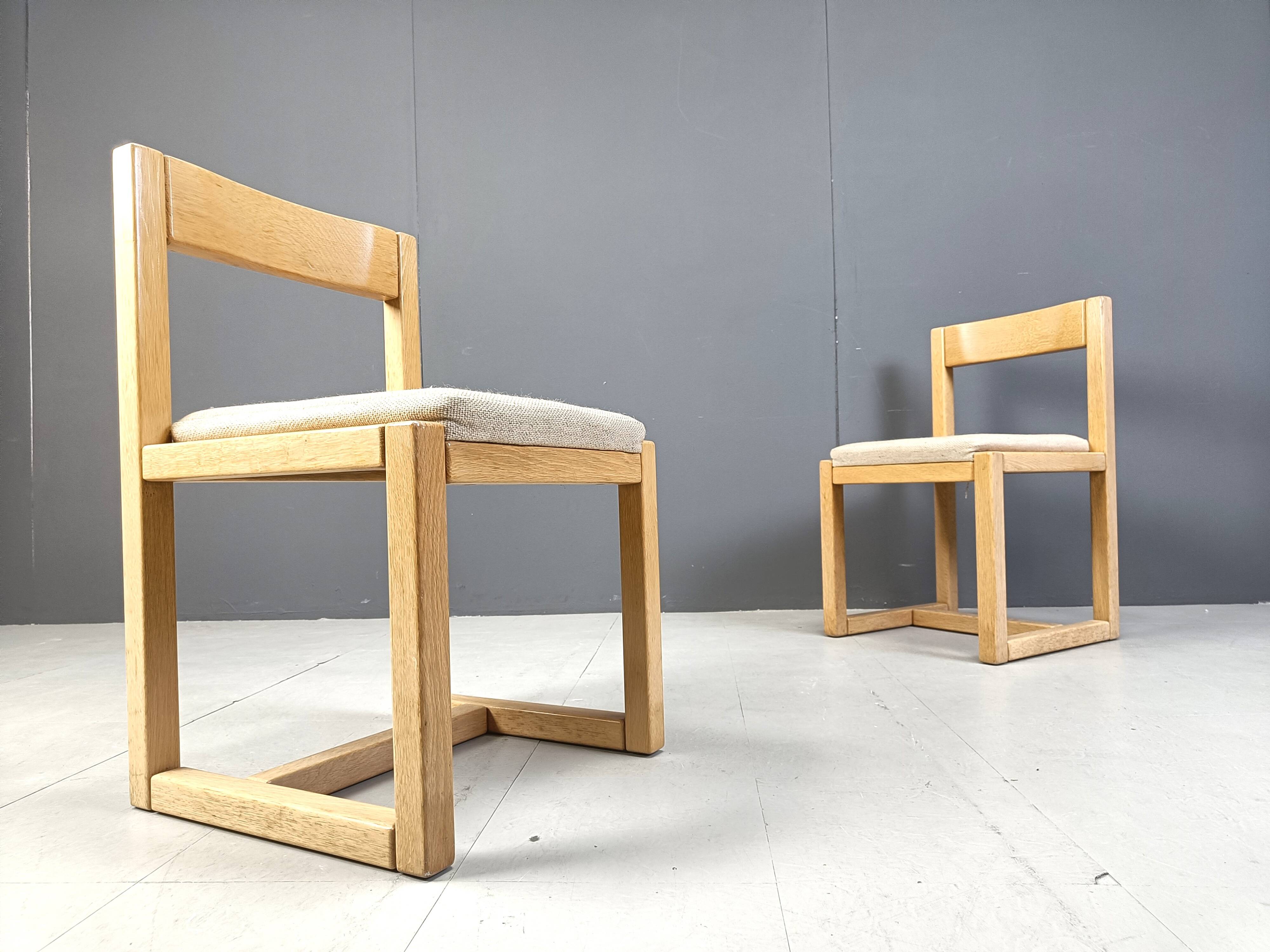 6 Brutalist oak and grey fabric dining chairs, 1970s