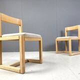 6 Brutalist oak and grey fabric dining chairs, 1970s