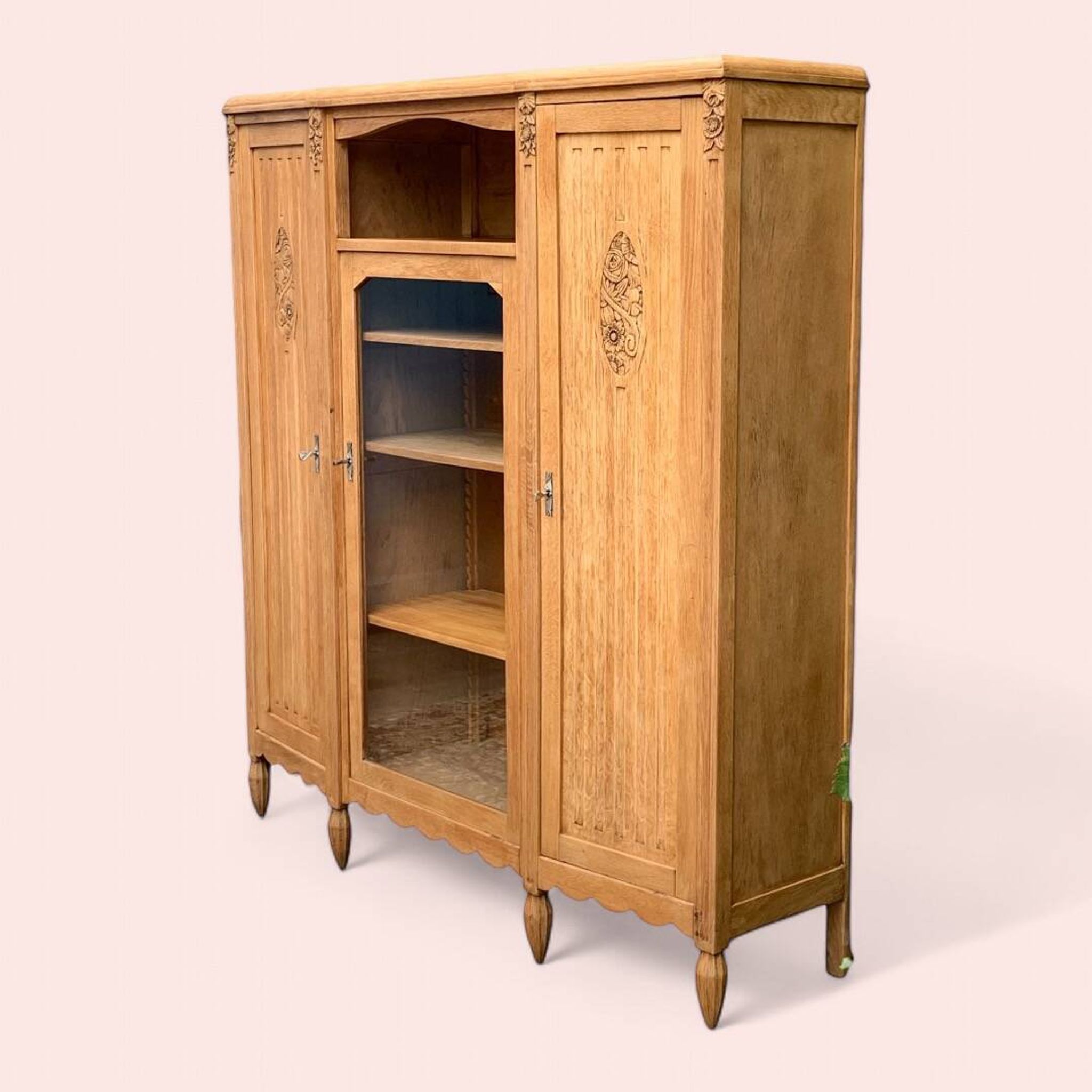 Asymmetrical Art Deco glass-fronted Parisian wardrobe in raw oak, 1930.