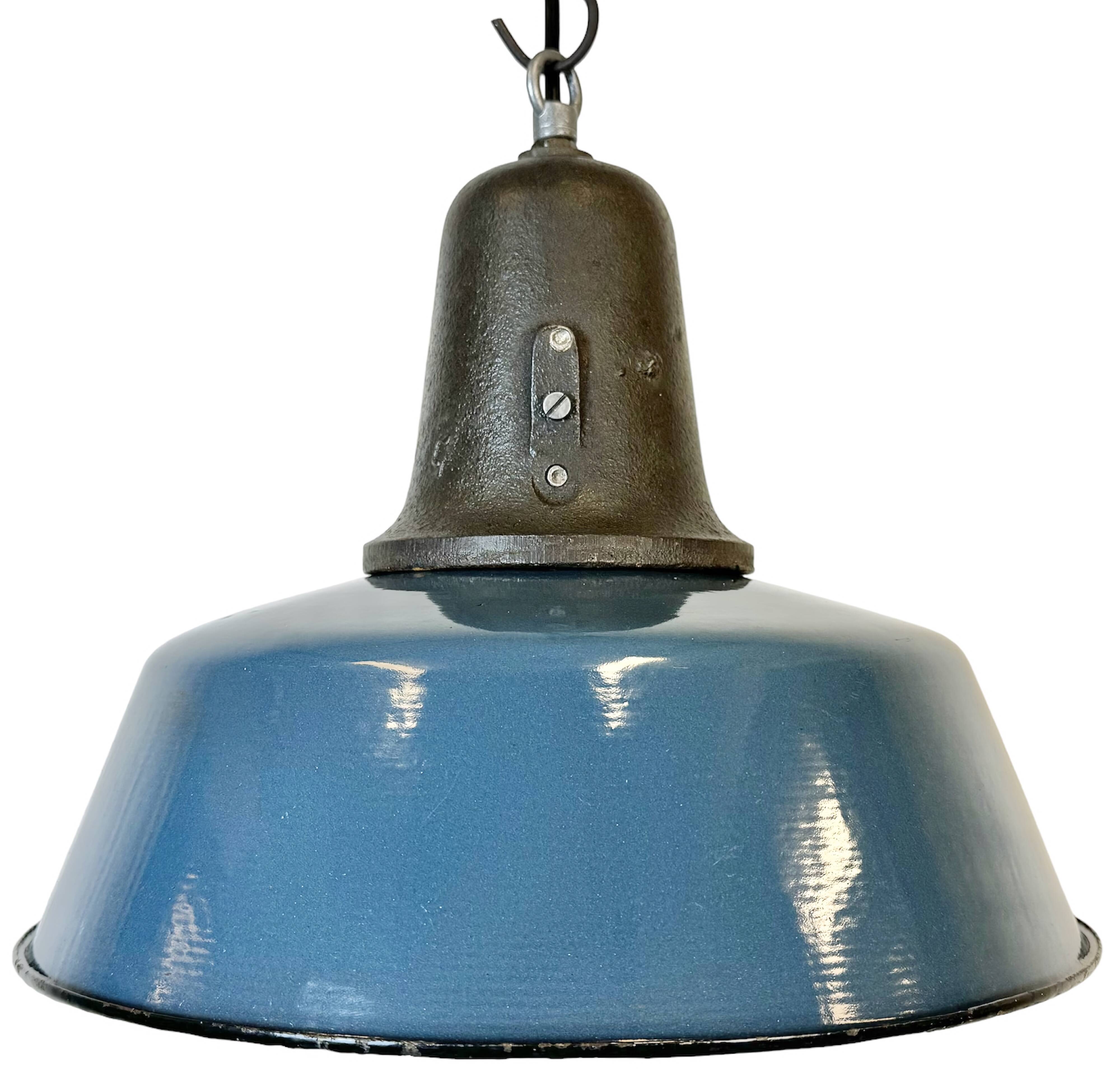Industrial Blue Enamel Factory Lamp with Cast Iron Top, 1960s