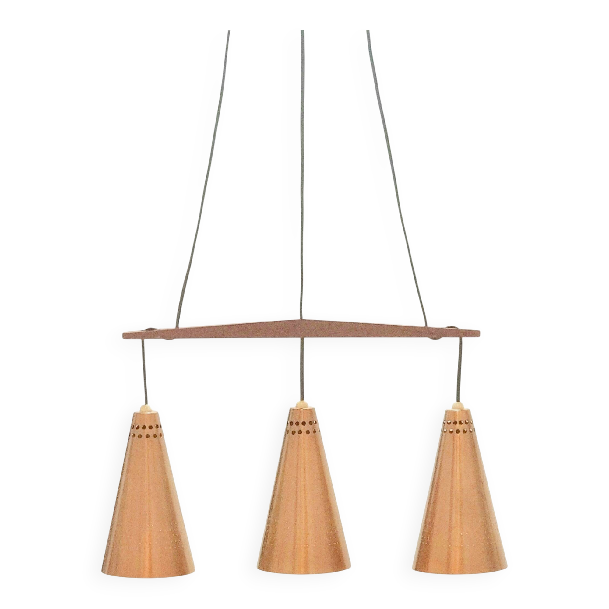 Mid Century Scandinavian Copper & Teak Triple Pendant By Jakobsson, 1950s