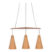 Pendentif triple en cuivre et teck scandinave des années 50 par Jakobsson