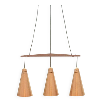 Mid Century Scandinavian Copper & Teak Triple Pendant By Jakobsson, 1950s