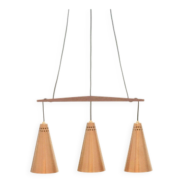 Mid Century Scandinavian Copper & Teak Triple Pendant By Jakobsson, 1950s