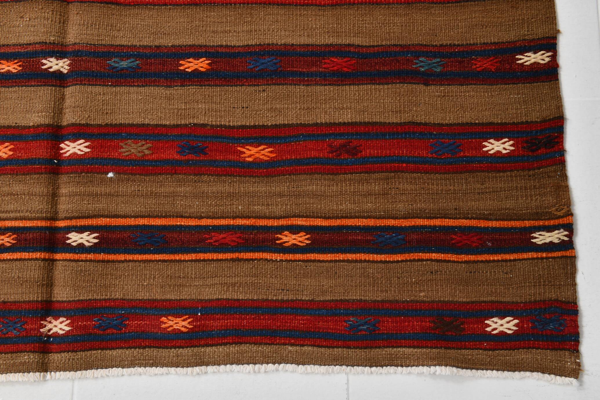 Turkish Striped Red Brown Vintage Kilim Rug, 154x246Cm
