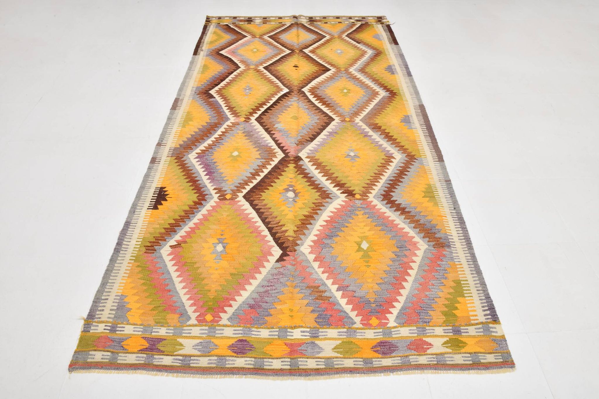 Fade Yellow Long Wide  Vintage Kilim Rug,Geometric Tribal Design,152x296 Cm