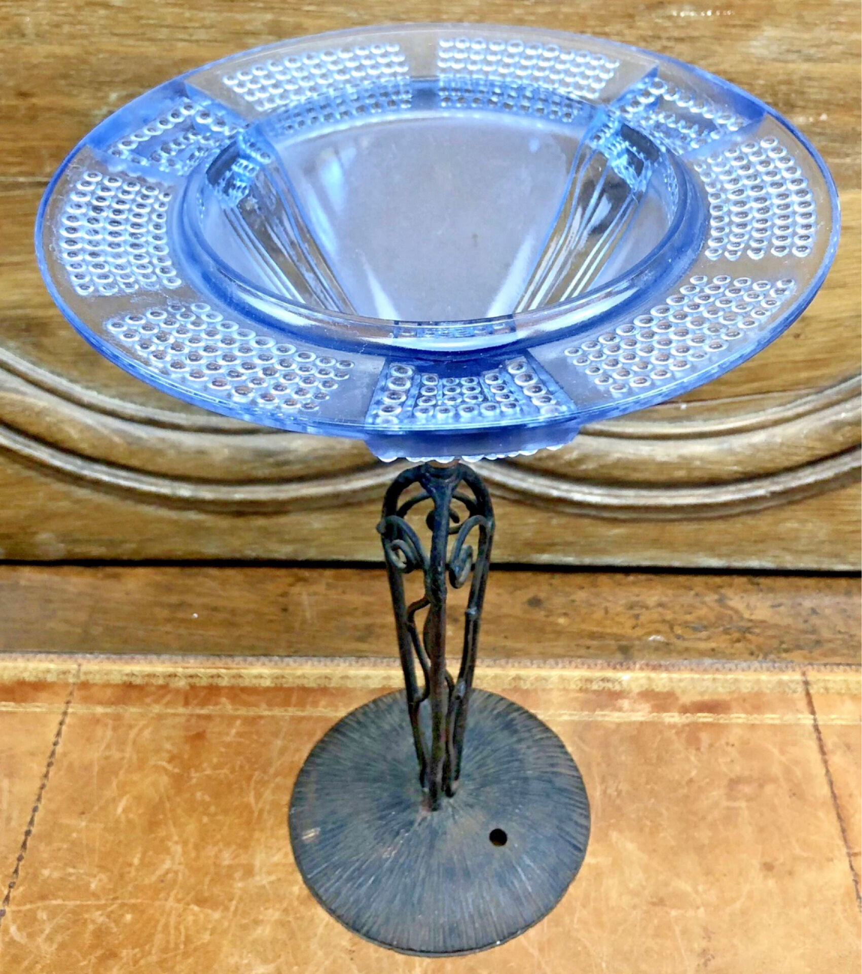 Antique Art Deco lamp from the 1930s, wrought iron with a blue basin in the Ezan style.