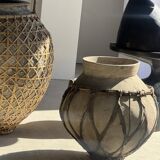 Immense light grey antique-style pot with a crosshatch lid and handles.