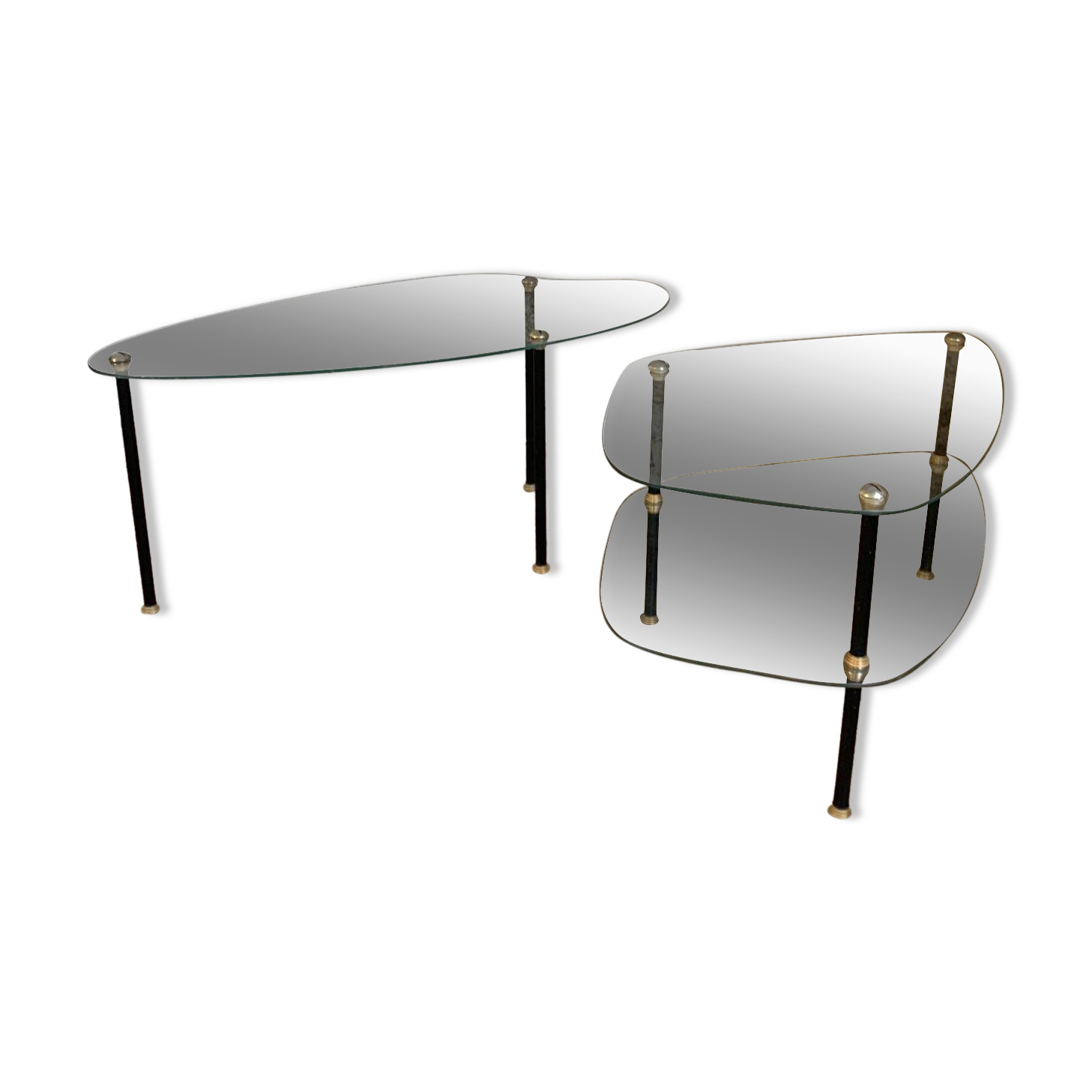 Pair of two 1950s glass and metal coffee tables, in the style of Edoardo Paoli