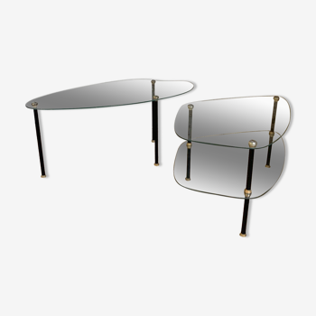 Duo of 2 glass and metal coffee tables from the 1950s, in the style of Edoardo Paoli