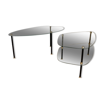 Pair of two 1950s glass and metal coffee tables, in the style of Edoardo Paoli