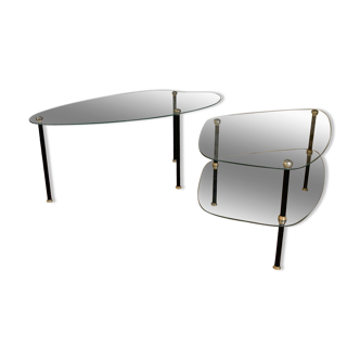 Duo of 2 glass and metal coffee tables from the 1950s, in the style of Edoardo Paoli