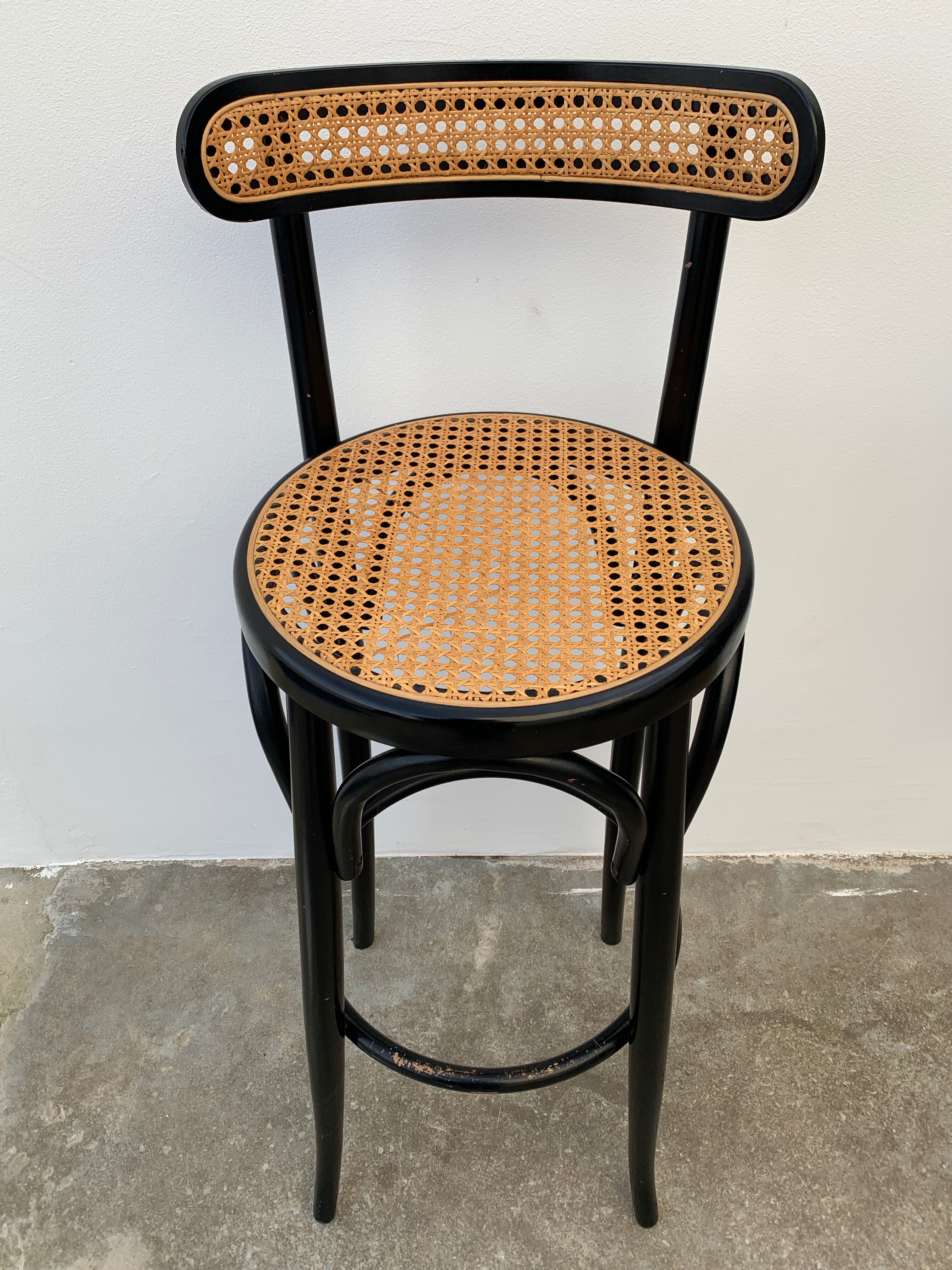 Pair of high canne stools or black curved wooden bar chairs, 1970