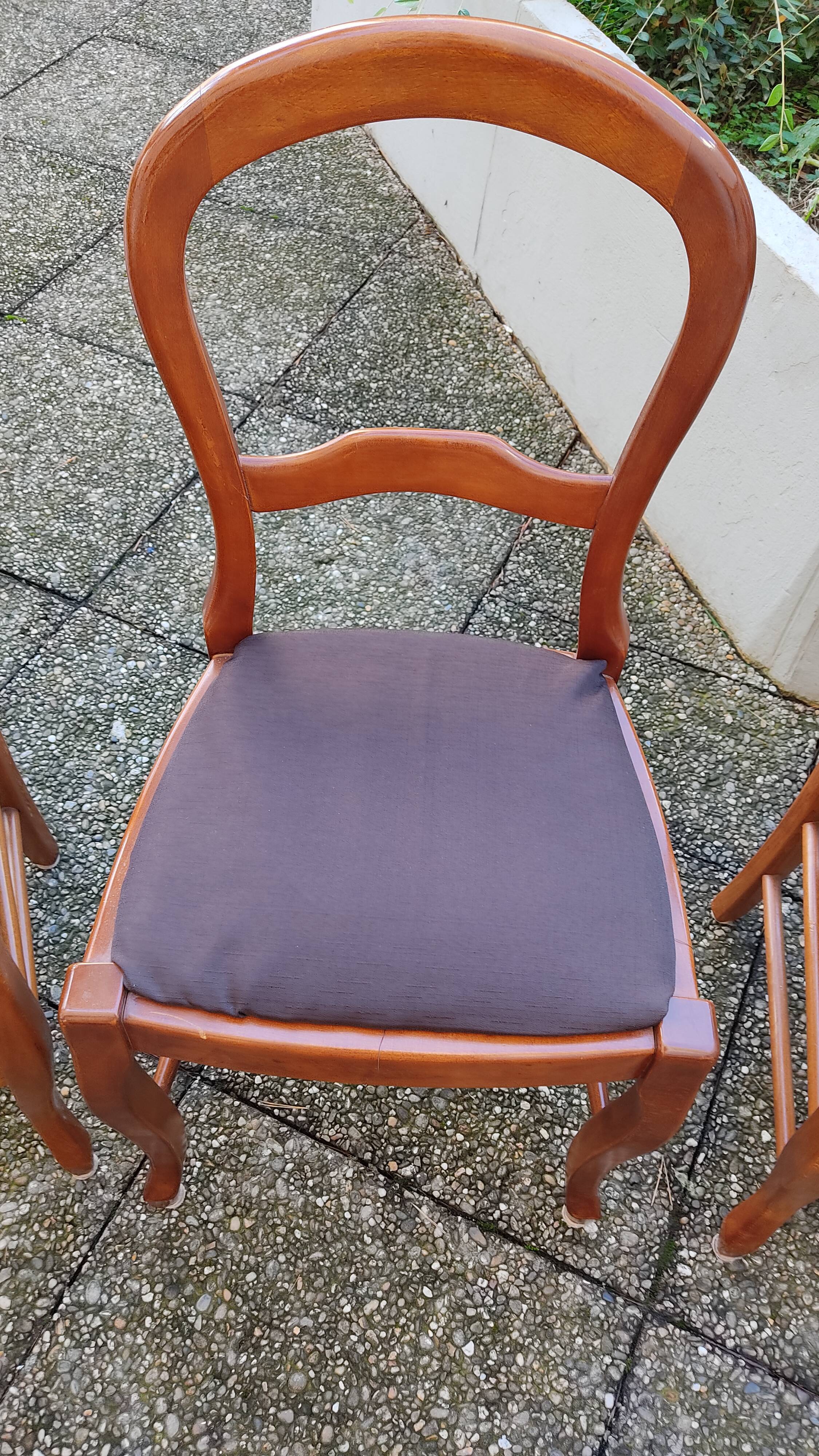 Set of 4 chairs in solid cherry; Louis Philippe style; Violin file; Seat in moleskine