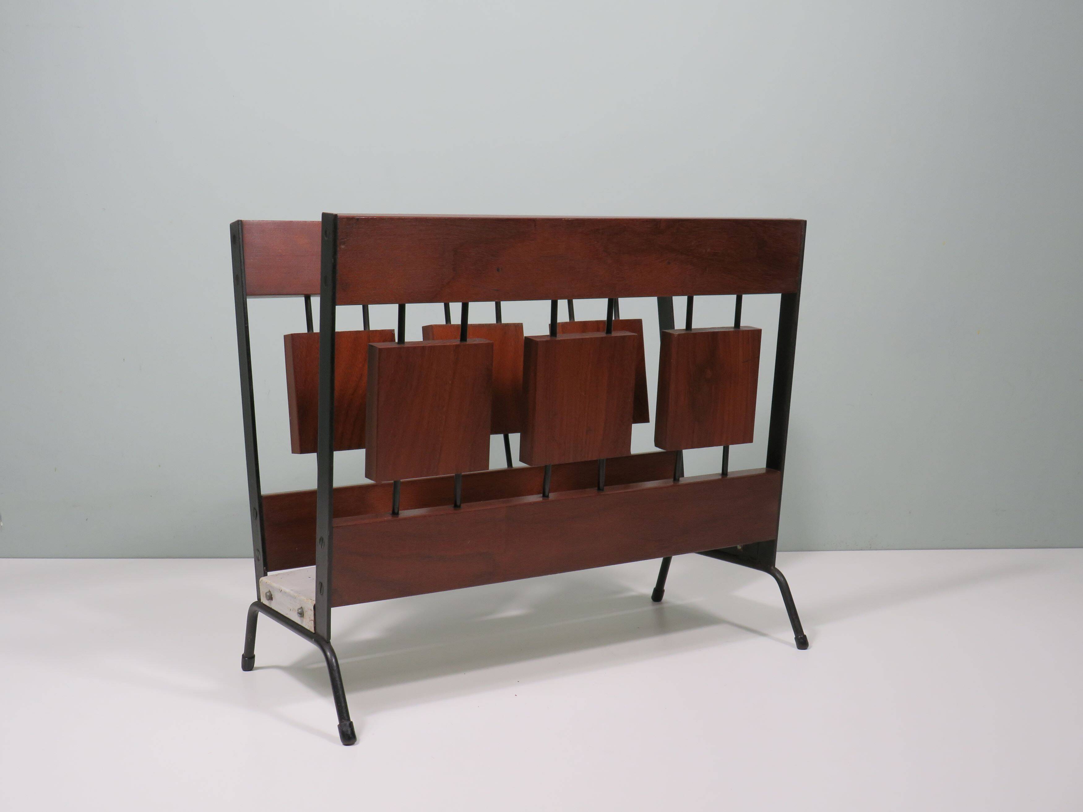 Vintage teak and metal magazine rack, Netherlands 1960-1970