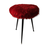Tabouret tripode pieds compas moumoute rouge années 70 vintage