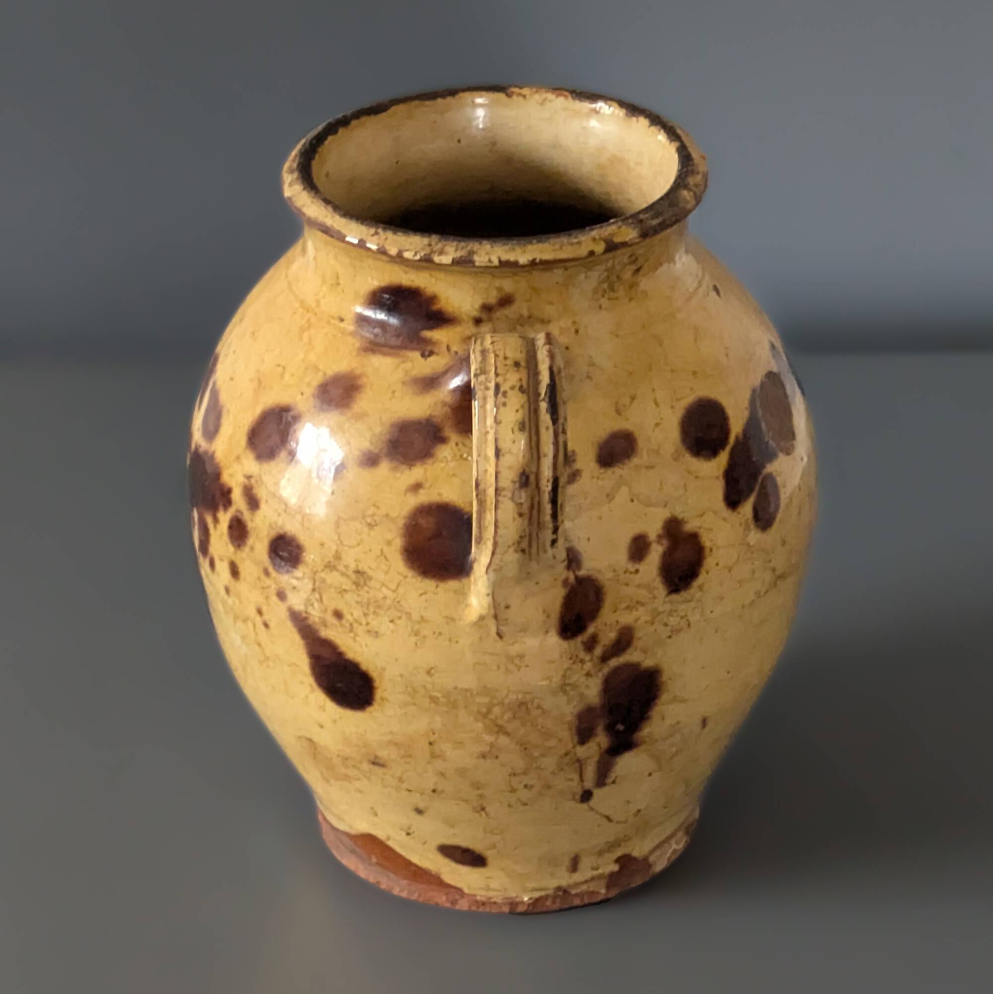 Antique glazed earthenware preserve pot in ochre and brown – southern pottery