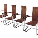 Ensemble vintage de quatre chaises design en hêtre massif chrome