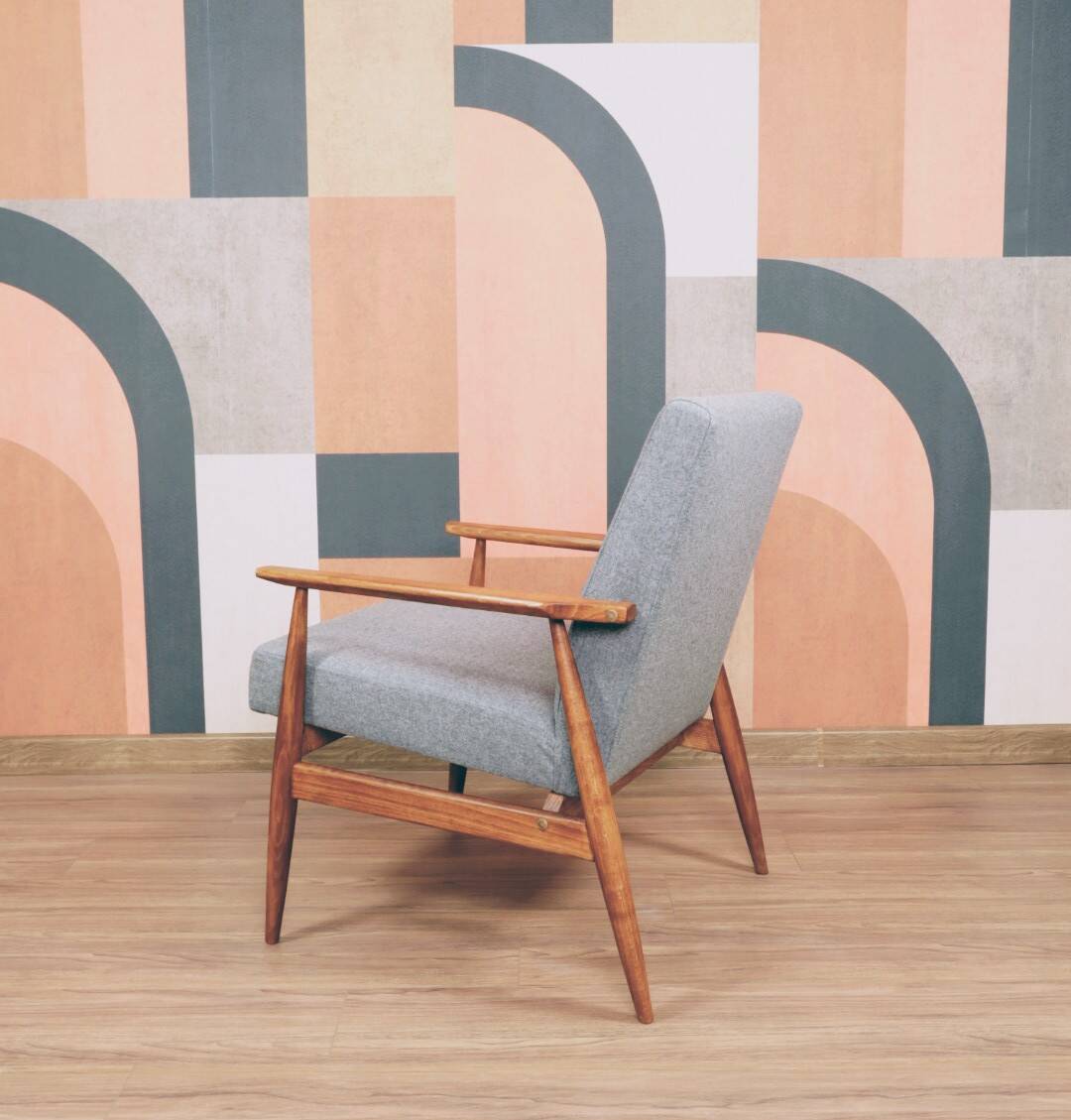 Vintage armchair light gray wool design by H.Lis