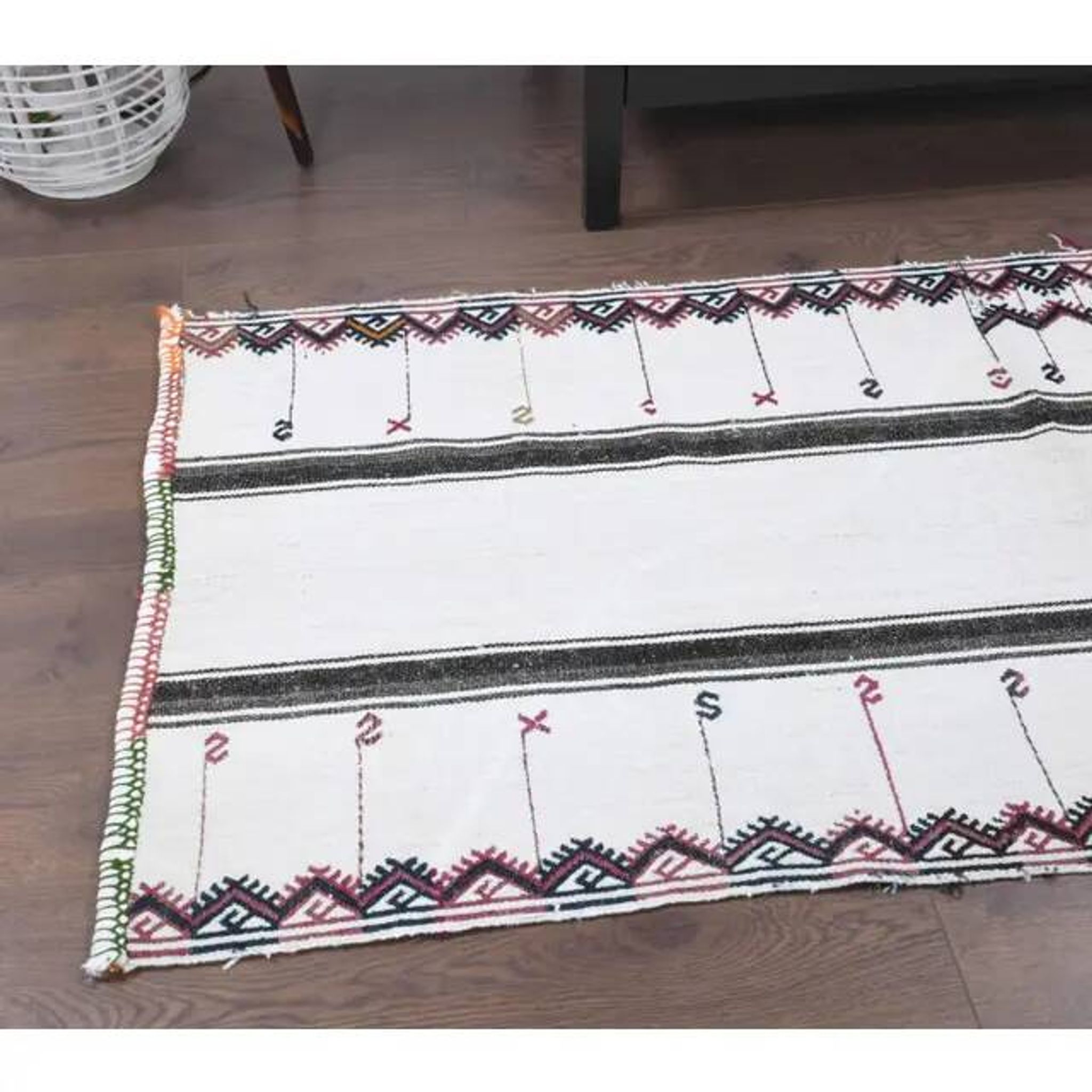 Vintage Turkish Hand-Knotted Wool Cotton White Kilim Runner Rug 71x157