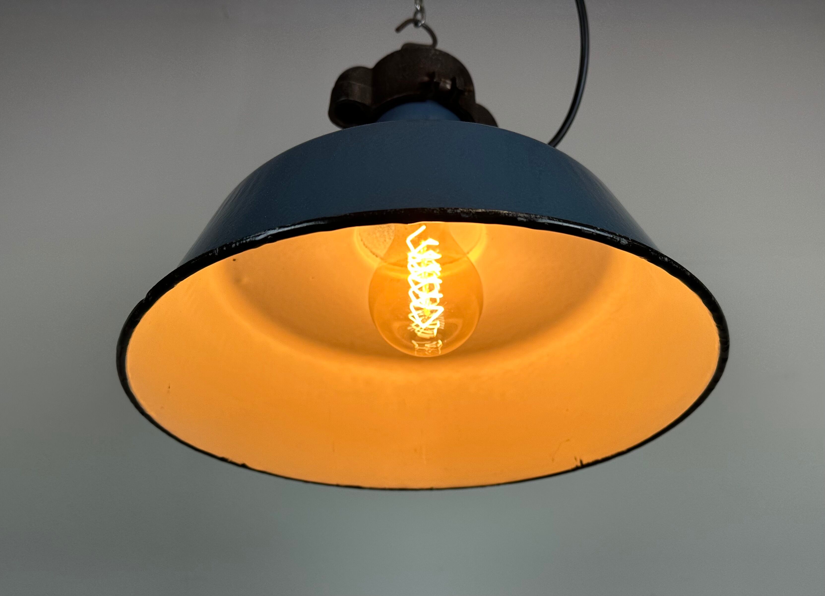 Industrial Blue Enamel Factory Lamp with Cast Iron Top, 1960s