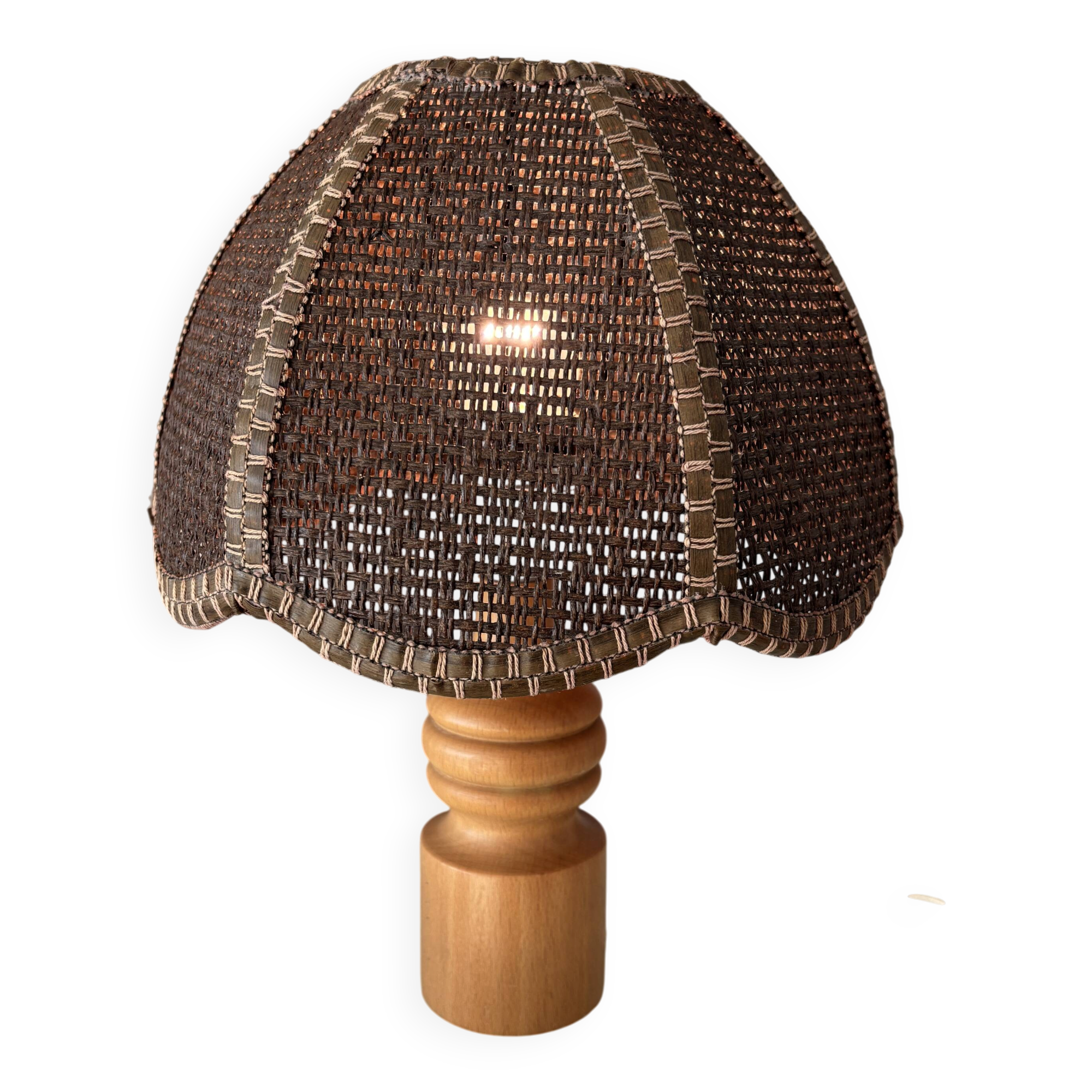 Vintage Woven Table Lamp – Wood & Rattan – 1970s