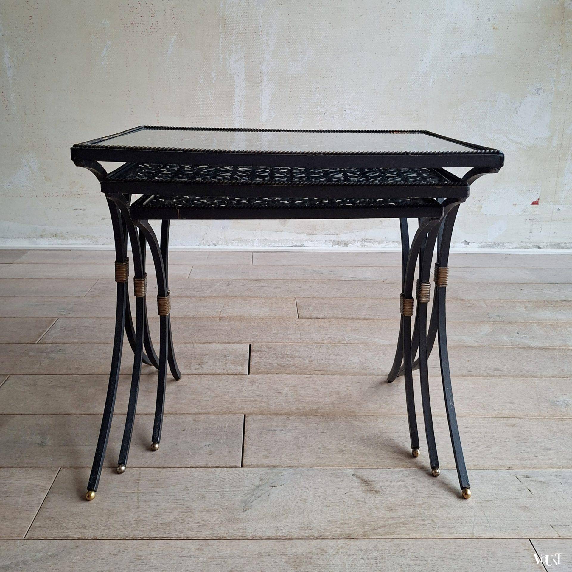 Set of 3 black wrought iron side tables with gold-coloured accents, 1950s