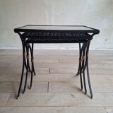 Set of 3 black wrought iron side tables with gold-coloured accents, 1950s