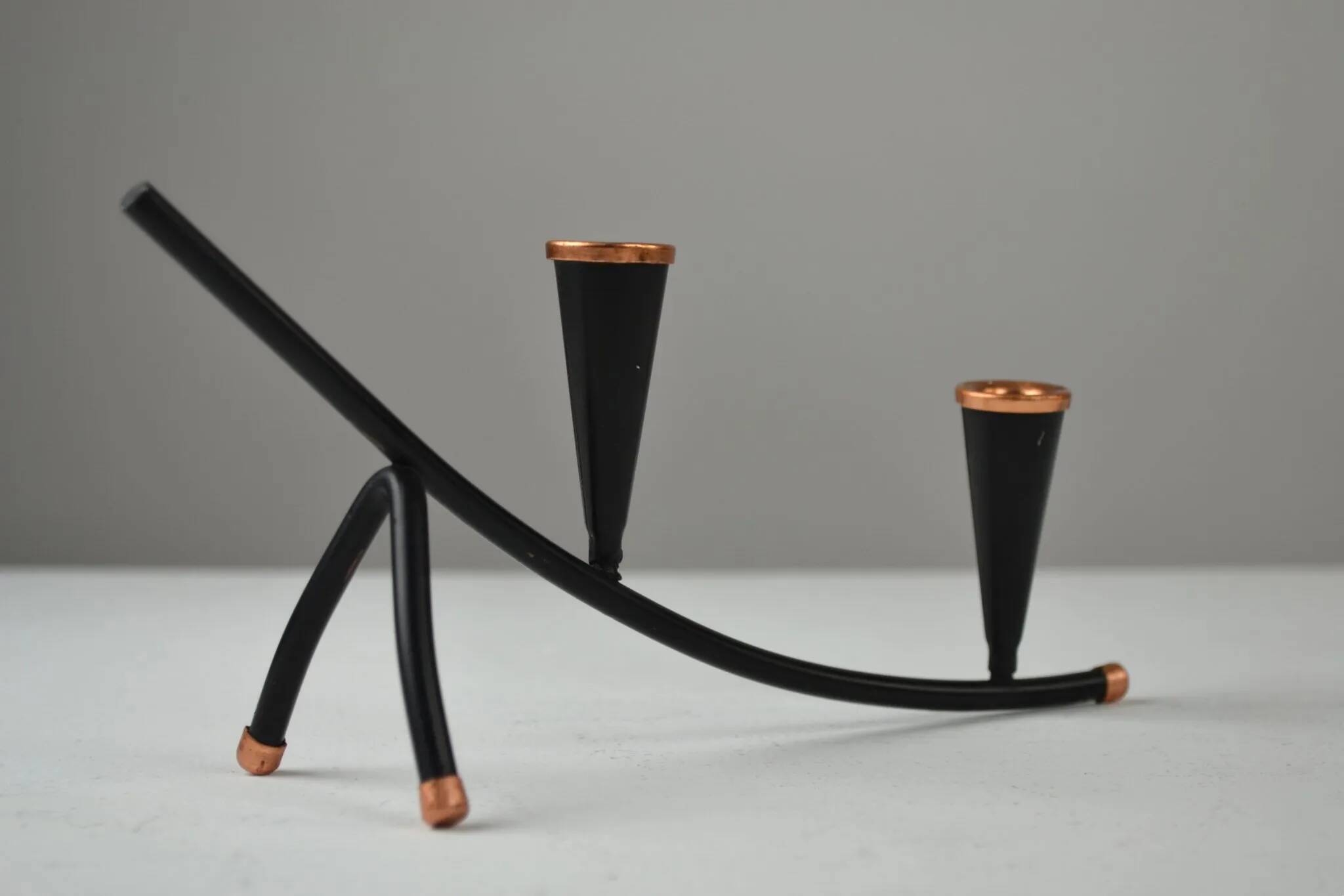 Black Painted Metal Candle Holder with Copper Detailing – Gunnar Ander for Ystad-Metall, Sweden, 1950s