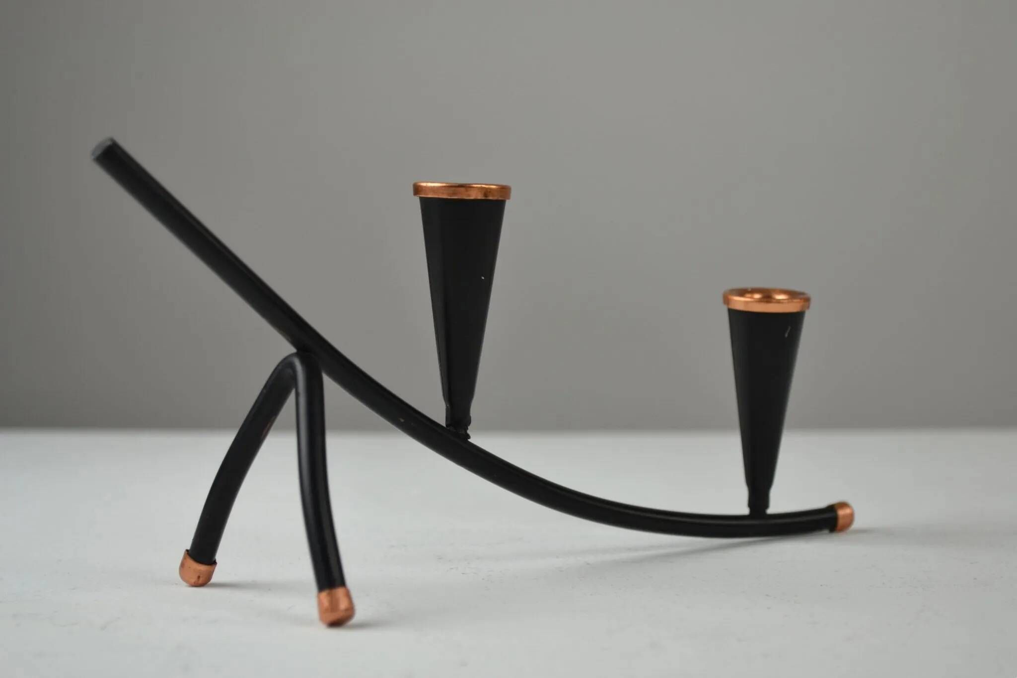 Black Painted Metal Candle Holder with Copper Detailing – Gunnar Ander for Ystad-Metall, Sweden, 1950s