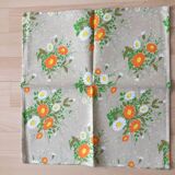 Nappe vintage Moissac fleuri et 8 serviettes neuf - beige orange vert neuf