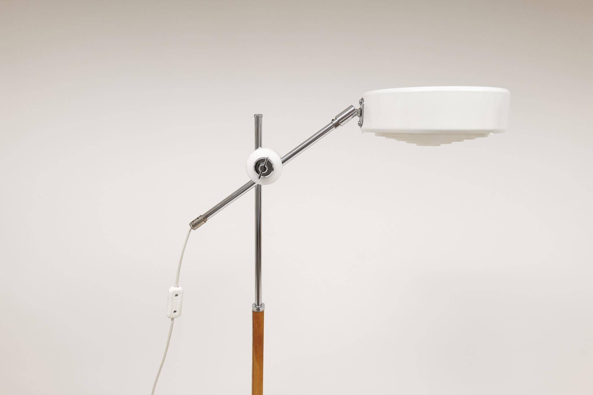 Vintage chrome leather floor lamp mid-century Atelje Lyktan, Sweden