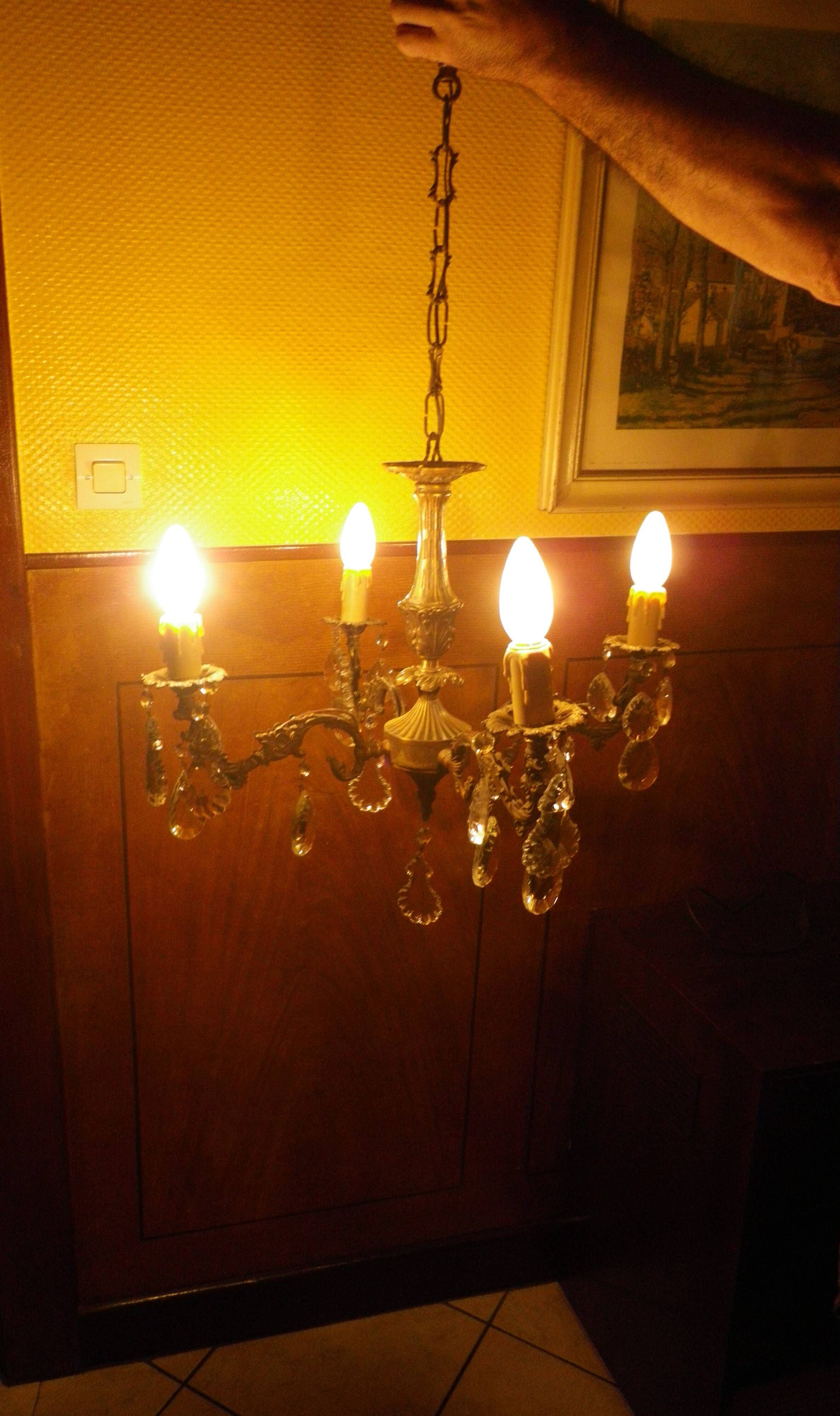 Rococo chandelier with crystal pendants, 4 lights, brass and metal 1950/1960