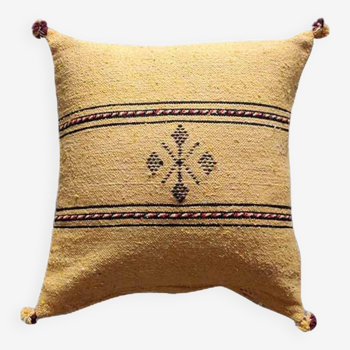 Yellow Berber cushion with cotton pompom