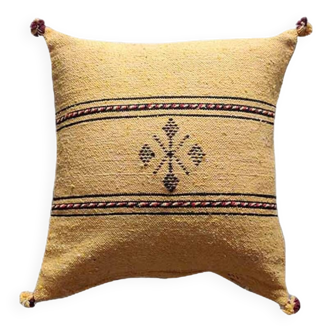 Yellow Berber cushion with cotton pompom