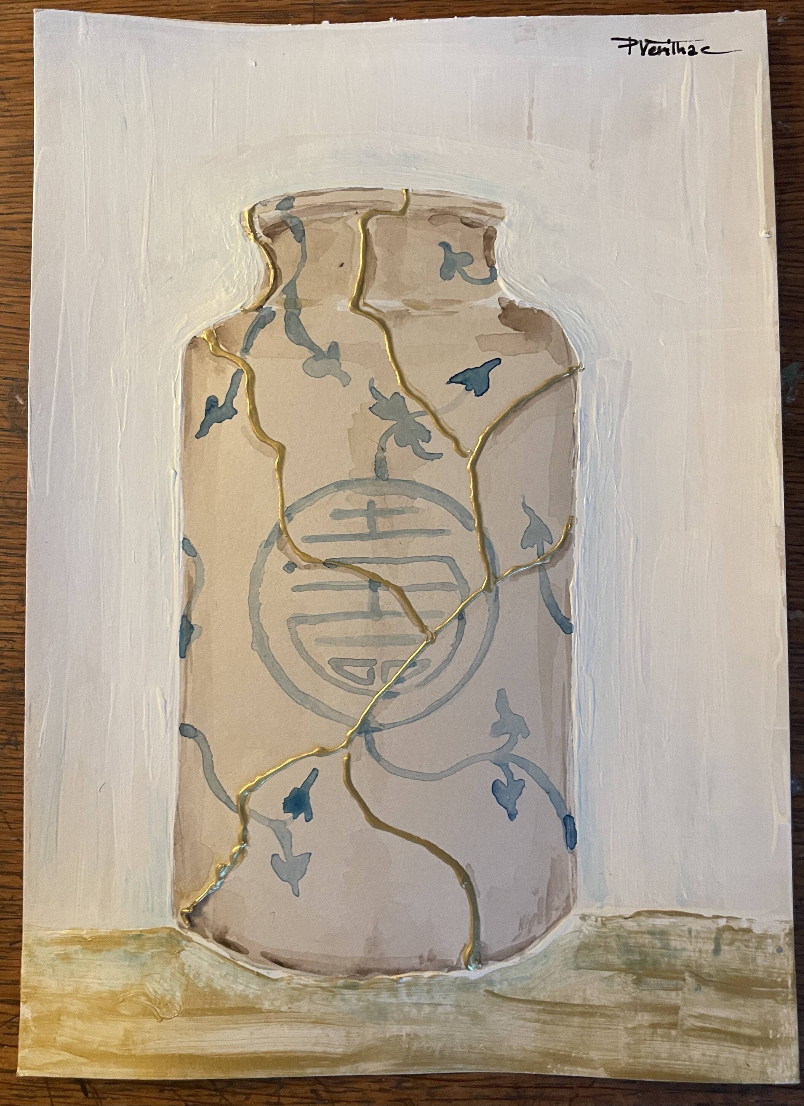 Painting signed “Japanese Kintsugi vase” mixed media + iridescent gold