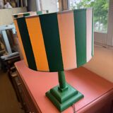 Pair of wooden bedside lamps with striped lampshades