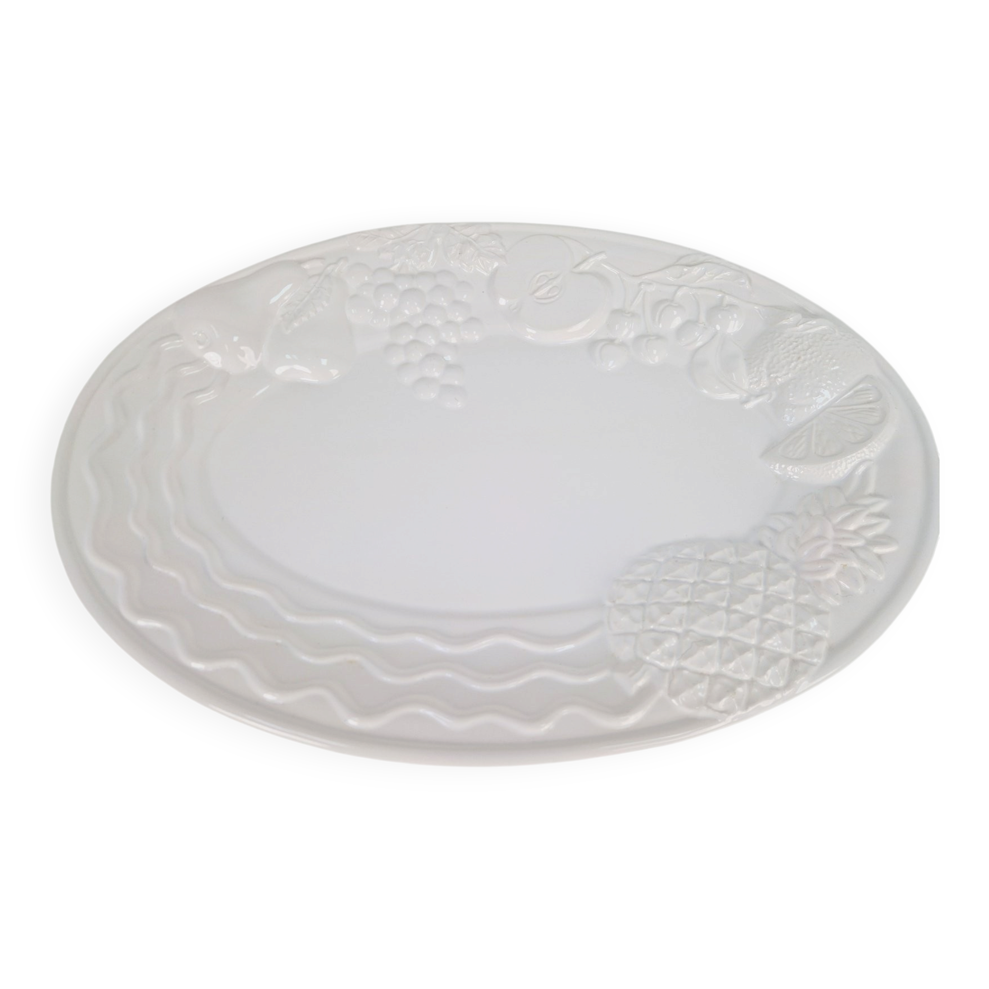 Vintage Large White Majolica Serving Bowl with Relief Fruits by A. Santos, Portugal, 1970s