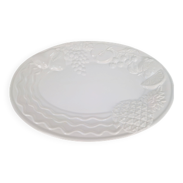 Vintage Large White Majolica Serving Bowl with Relief Fruits by A. Santos, Portugal, 1970s